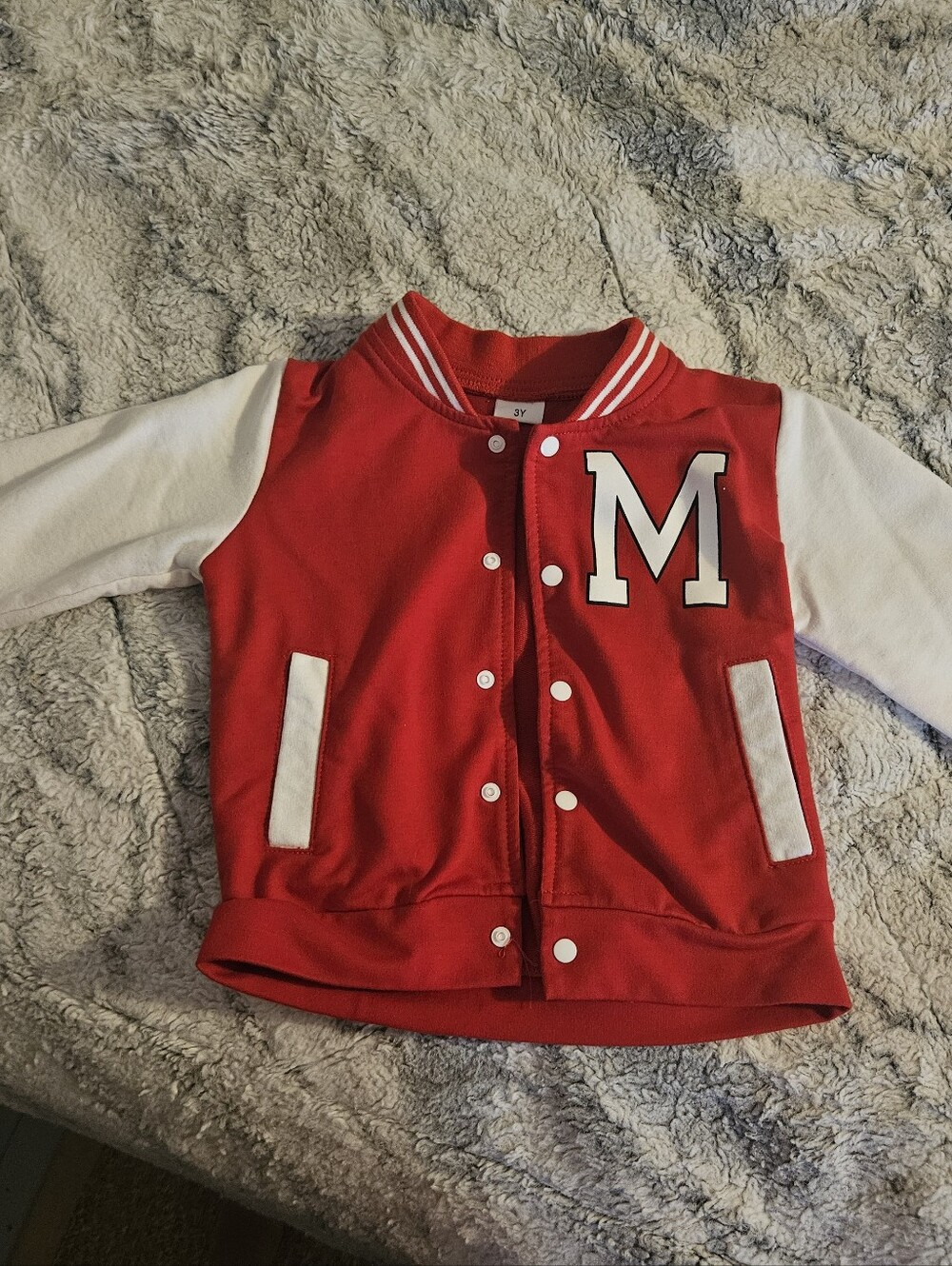 Red and White Kids Varsity Jacket - M Letter Design